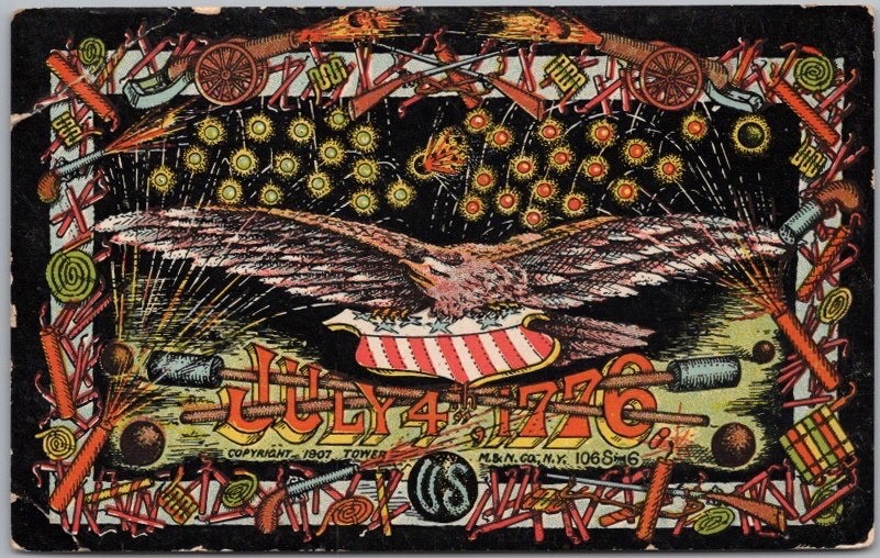 c1907 FOURTH OF JULY Greetings Postcard Eagle / Fireworks -Tower M&N Co. UNUSED