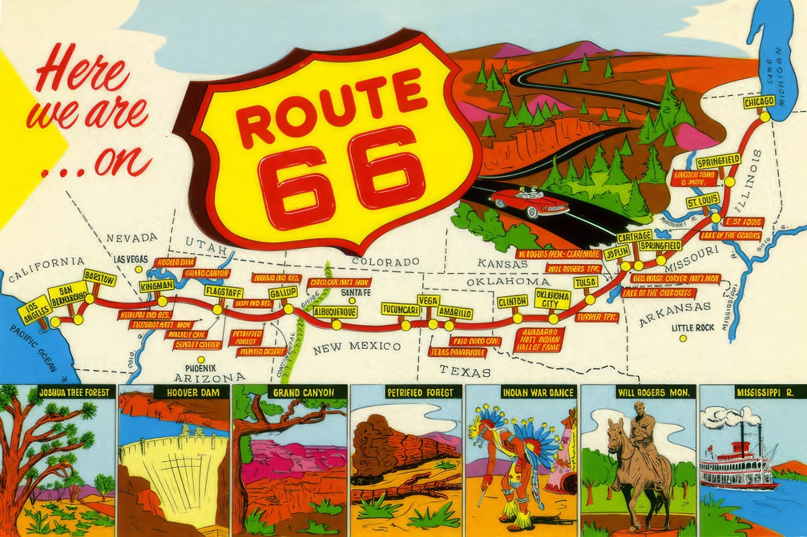 Map Route 66, Points of Interest, Vintage Souvenir Postcard, Route 66 Map