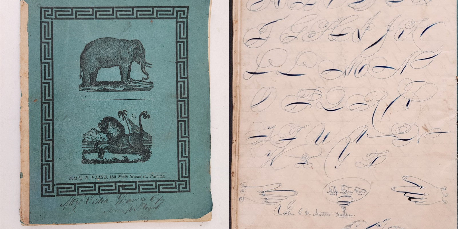 1853 antique PENMANSHIP ALPHABET FRAKTUR BOOK pa LIDIA WEAVER teach GW MARTIN