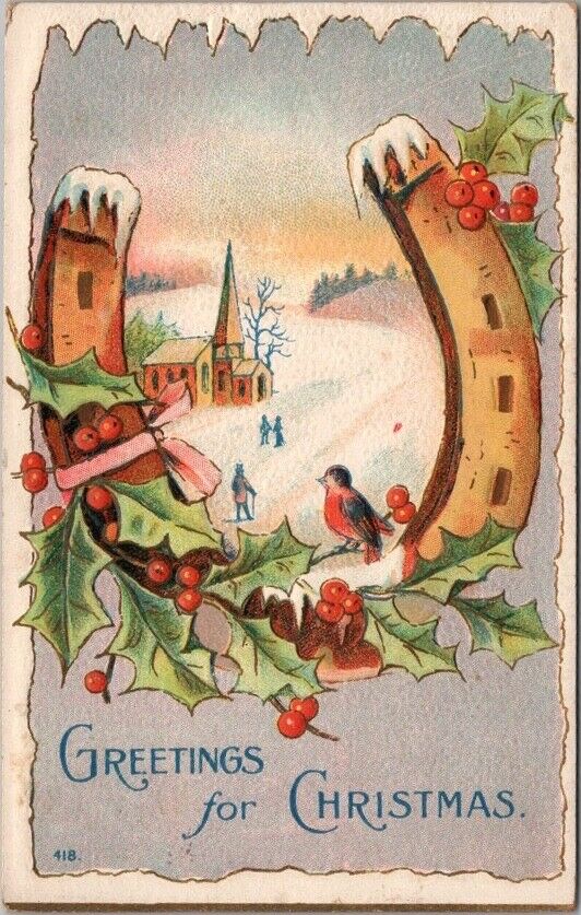 Vintage CHRISTMAS Postcard Gold Horseshoe / Winter Church Scene - 1910 Cancel