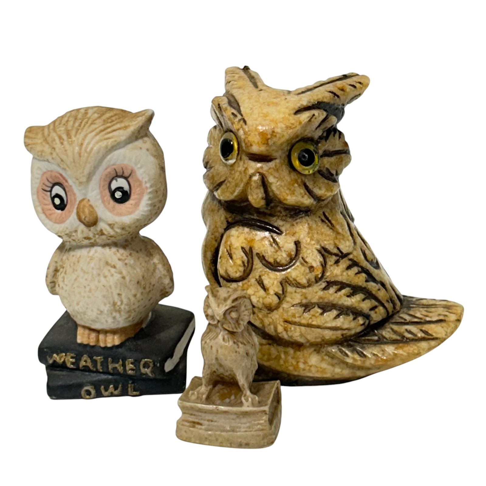 Vintage Lot of 3 J.S.N.Y. Weather Owl Ceramic Resin & Faux Stone Bird Figurines