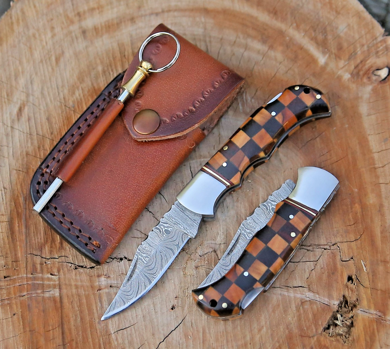 Personalized Handmade Damascus Steel Folding Pocket Knife Rose, Olivewood Handle
