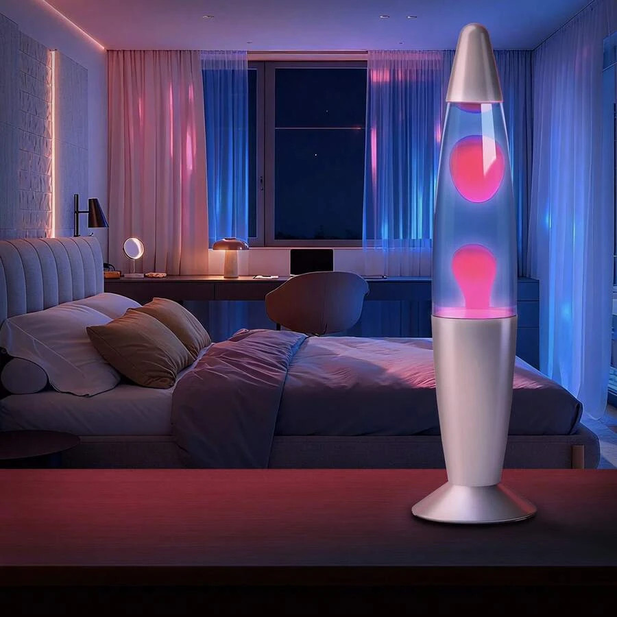 NEW Lava Lamp, Pink Wax Blue Liquid Lava Night Light With Silver Base & Cap