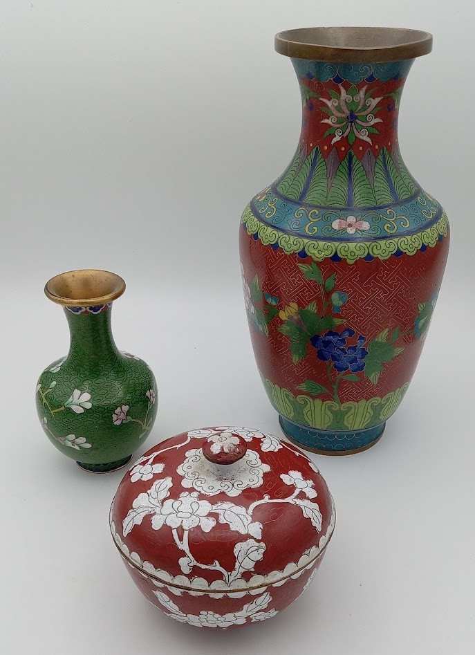 Vintage Group of Enamel  Cloisonne Brass Vases and Bowl