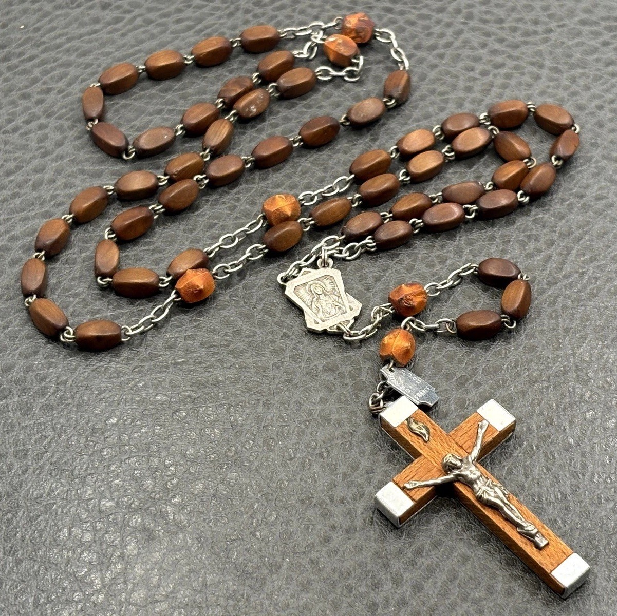 Vintage French Cocoa Wood Bead Rosary Crucifix Necklace France Silver Tone 26”