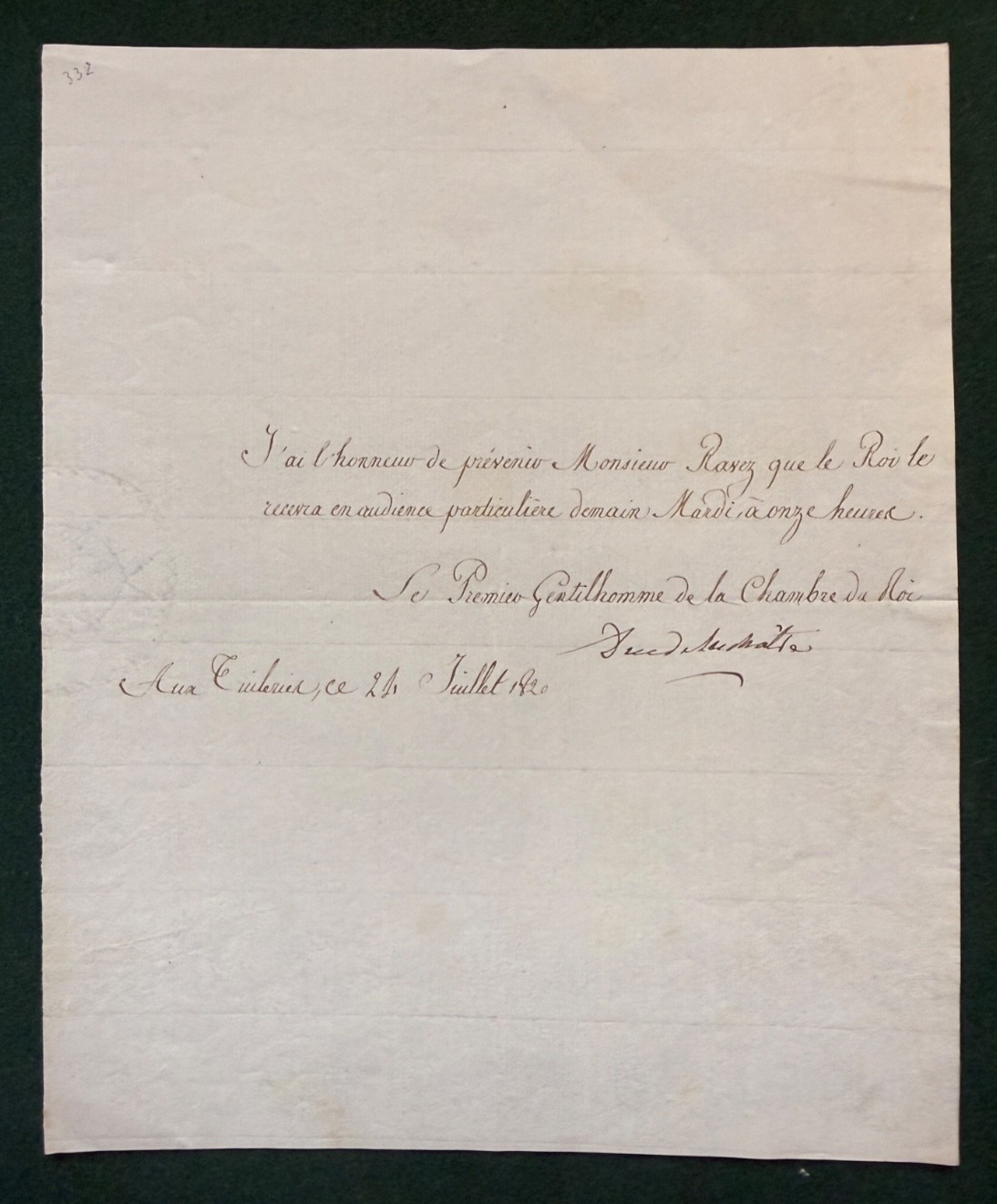 Duke de Blacas King Louis XVIII Tuileries Palace Rasez Meeting Signed Letter