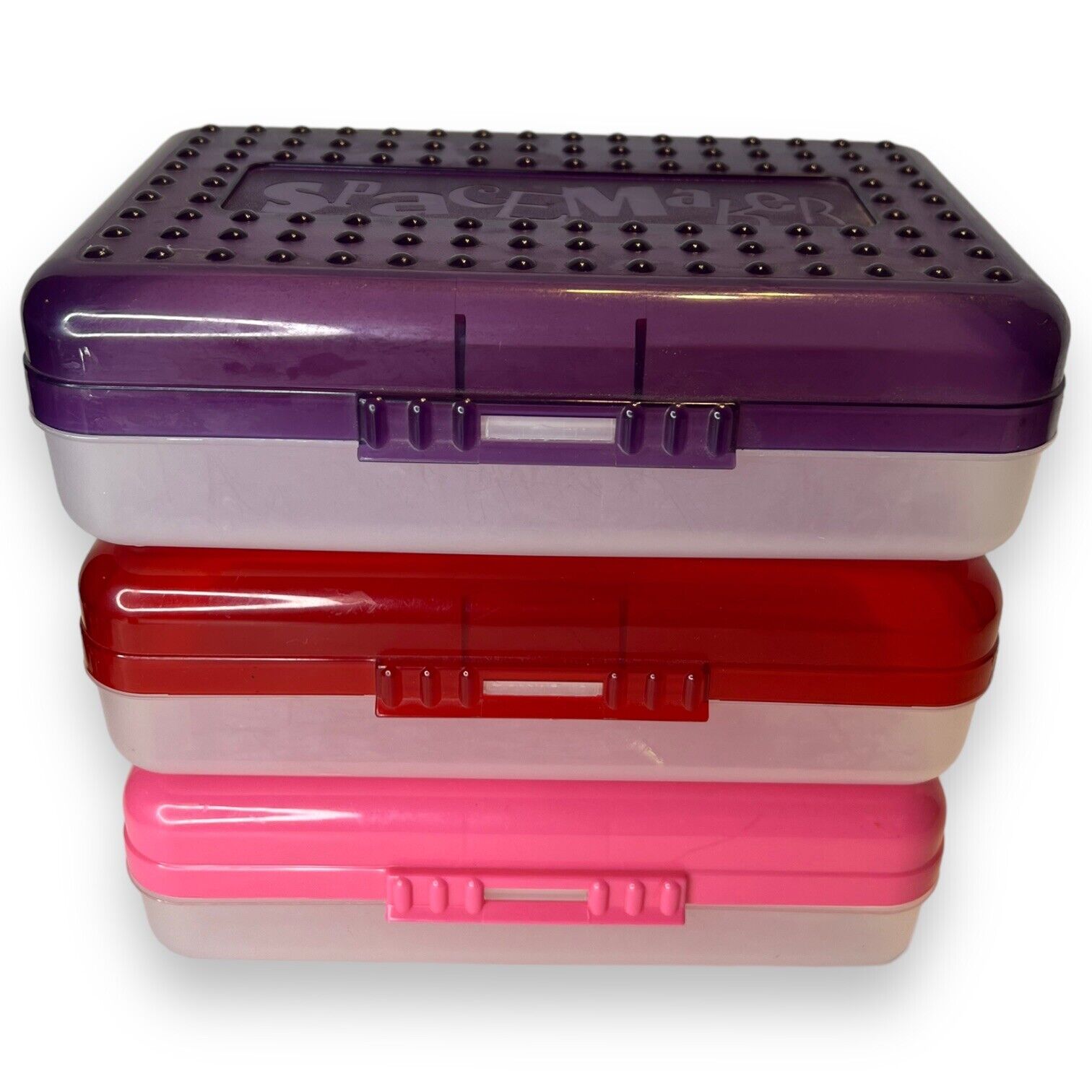 Vtg Spacemaker Pencil Box Lot Of 3  Purple Red Pink w/ Clear Bottoms