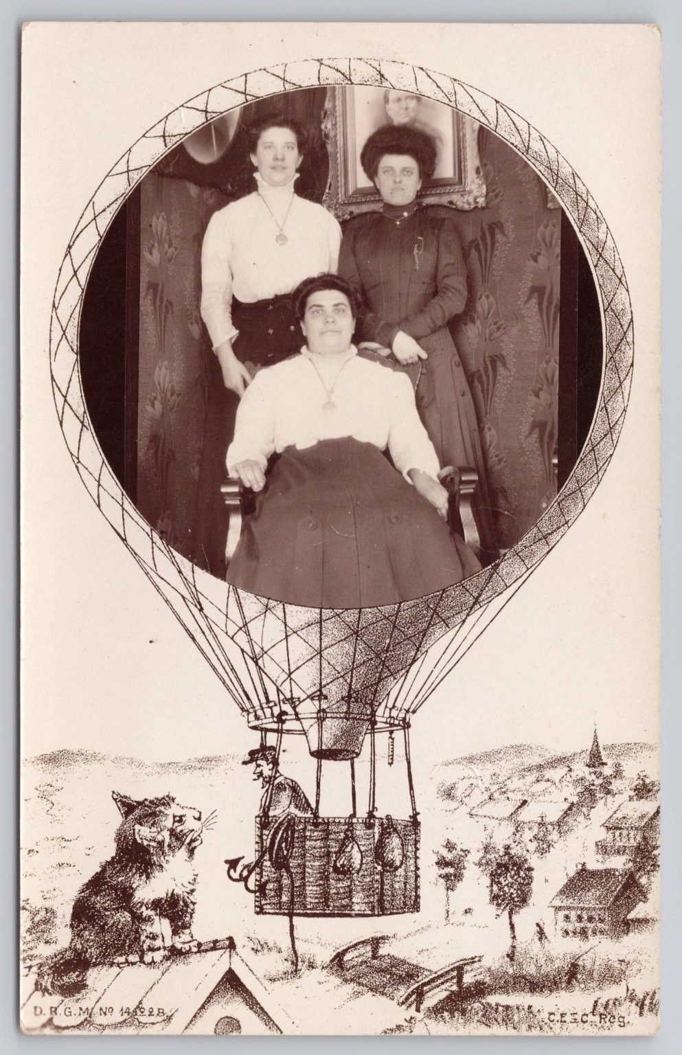 RPPC Hot Air Balloon Women Portrait Whimsical Cat D.R.G.M. Germany c.1900s
