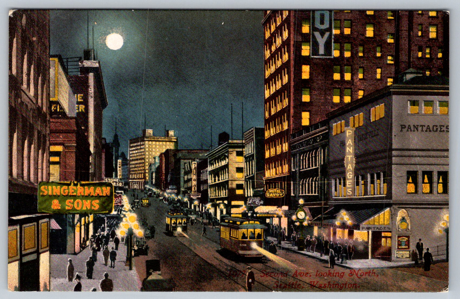 c1910s Seattle Second Ave Pantages Theater Night Scene Postcard