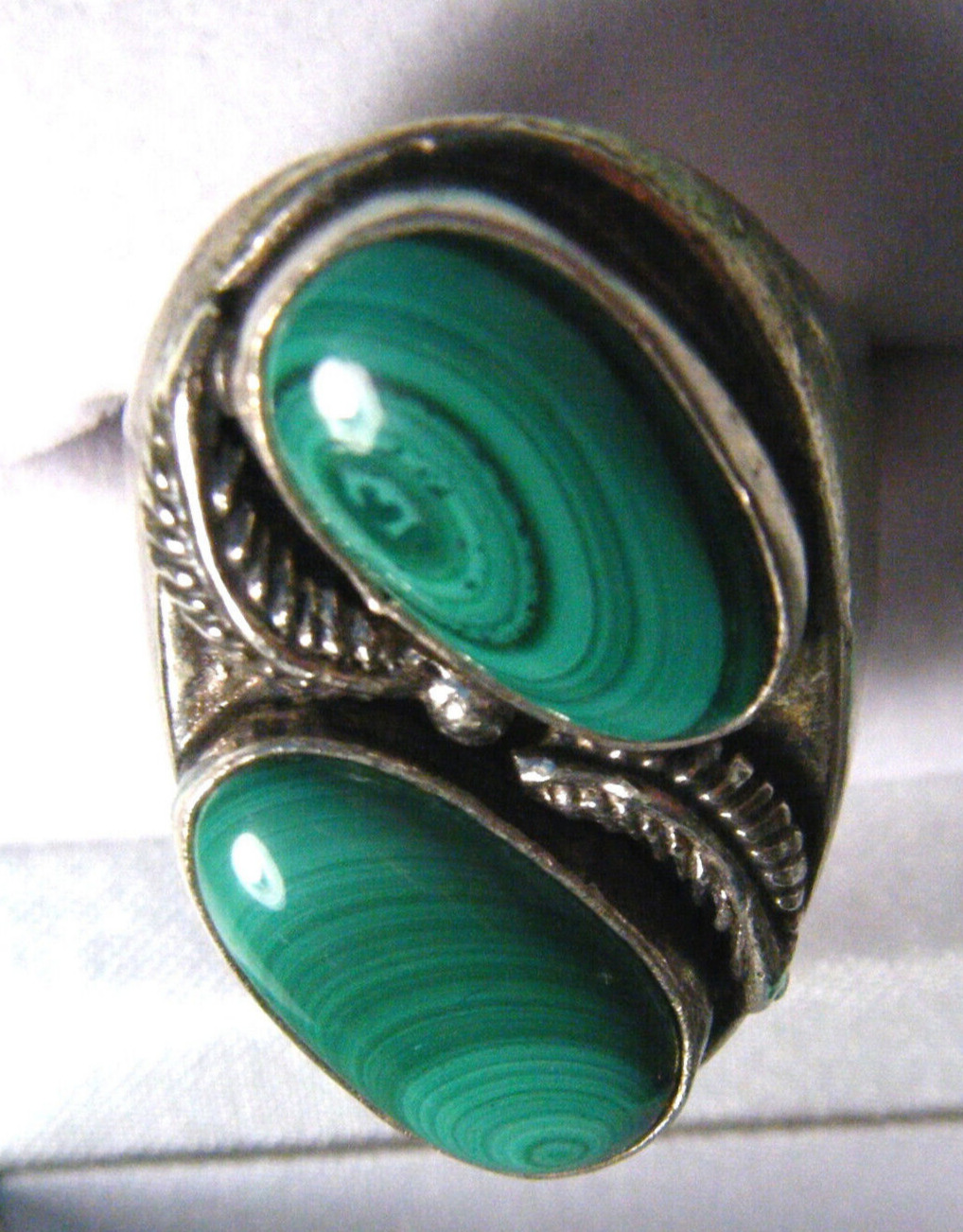 Big Large Vintage Green Malachite Stones Navajo Wide Sterling 925 Size 10 Ring