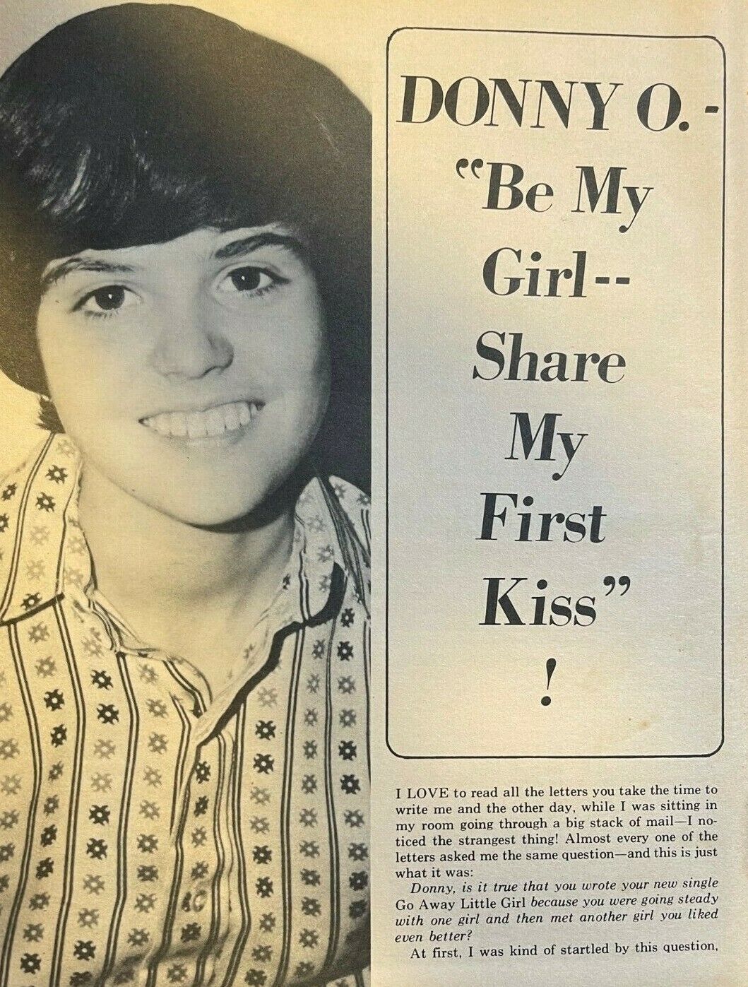 1972 Musician Donny Osmond Share My First Kiss
