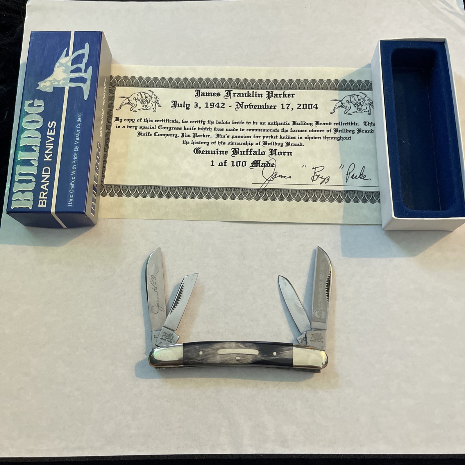 1 of 100 Bulldog 4 Blade Genuine Buffalo, James Parker Tribute, w/Certificate