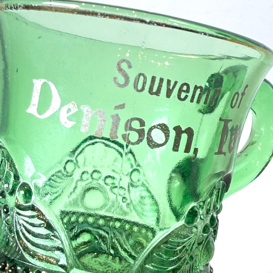 DENISON IA IOWA IA Antique GREEN Depression Glass Souvenir TRINKET CUP MUG DENISON IA IOWA IA Antique GREEN Depression Glass Souvenir TRINKET CUP MUG