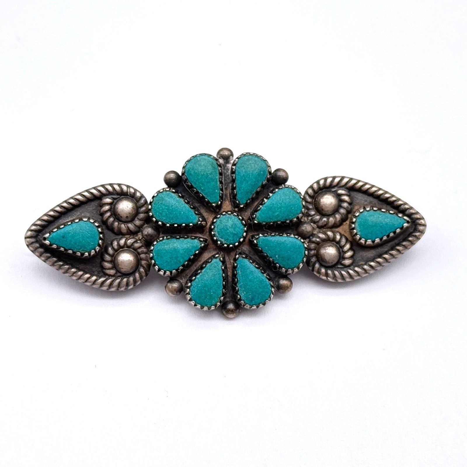 Vintage Southwestern Faux Turquoise Flower Sterling Silver Brooch Pin