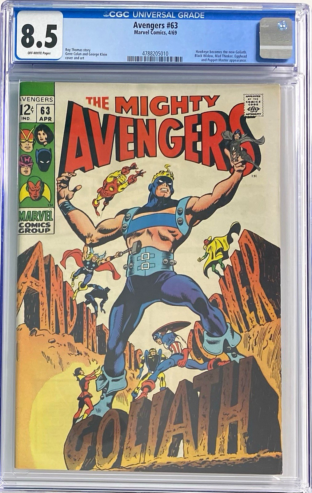 The Avengers #63 CGC 8.5 Hawkeye Becomes Goliath (Marvel 1969) Silver Age