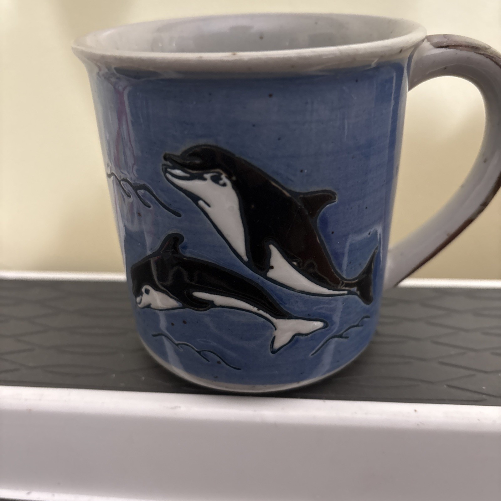 Otagiri Dolphins Coffee Mug Sea Ocean Nautical Hand Painted Art Speckled 12 OZ 