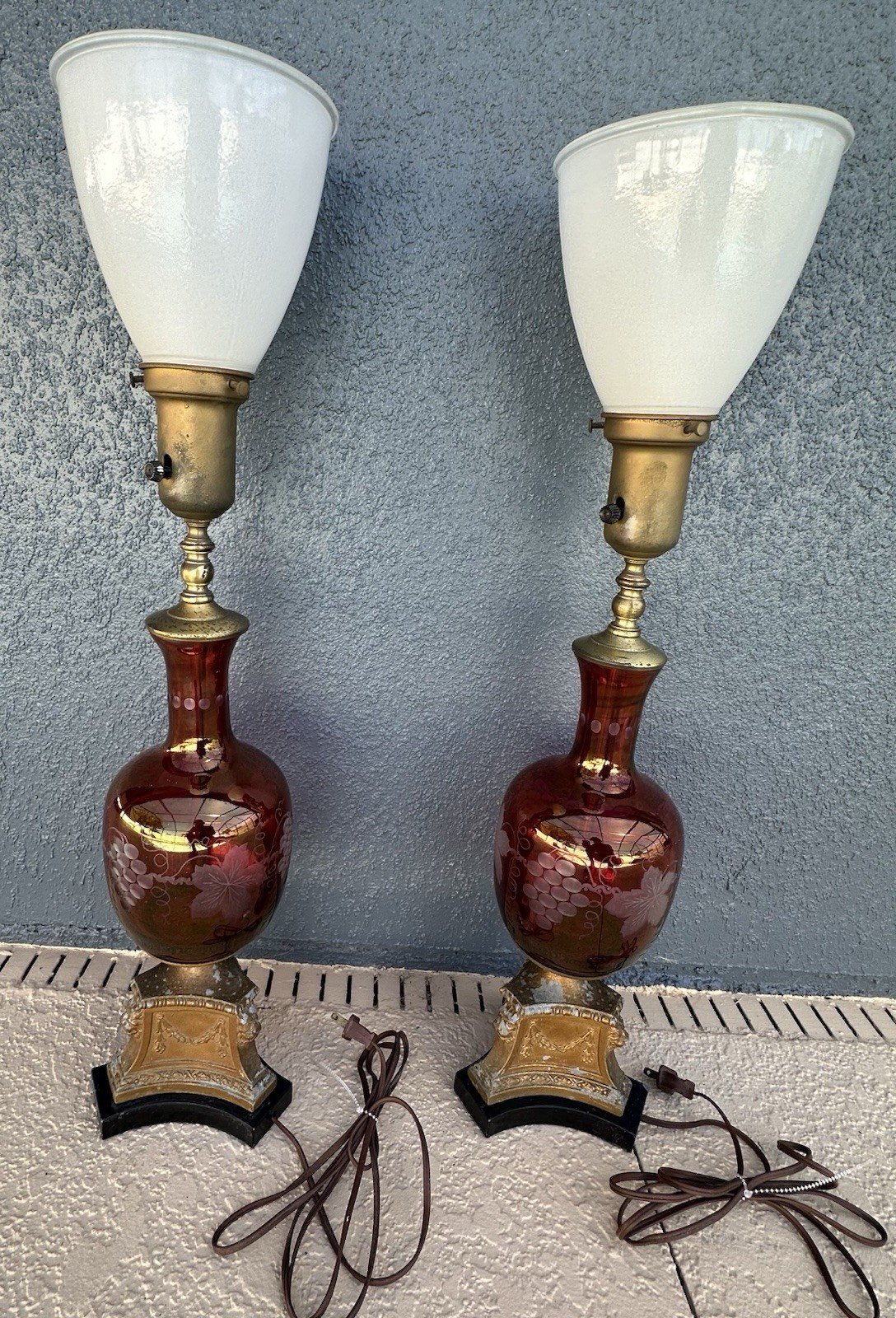 Pair Vintage Hollywood Regency Cranberry Glass Table Lamps Etched Grapes Working