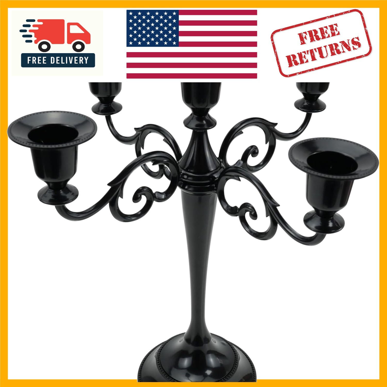 Classic Glossy Black 5-Arm Candelabra - Perfect Table Centerpiece for Events