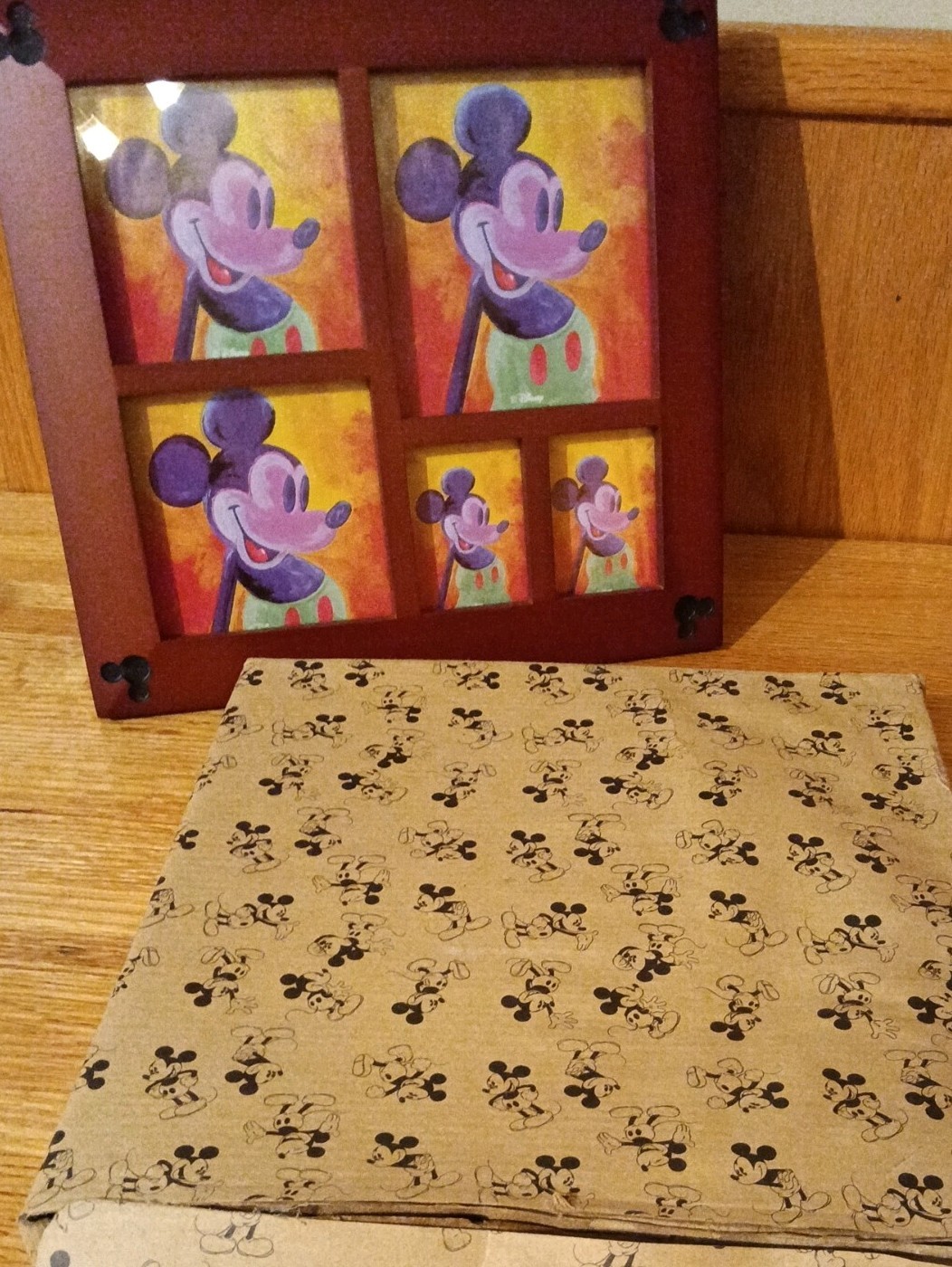 Vintage Walt Disney Brown Walnut Wood Retro Mickey Mouse Five Picture Frame