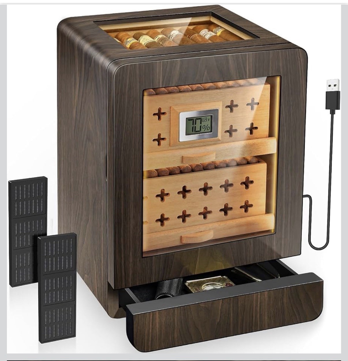 Flauno Electric Cigar Humidor Cabinet Digital Hygrometer Dual Fans LED Drawer