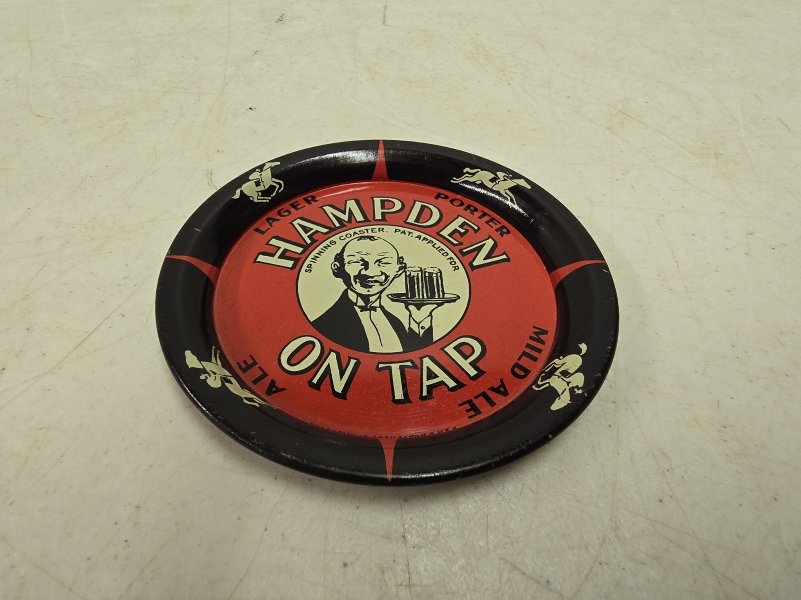 Vintage 1930s Hampden Beer On Tap Advertising Spinner Tip Tray Tin Coaster
