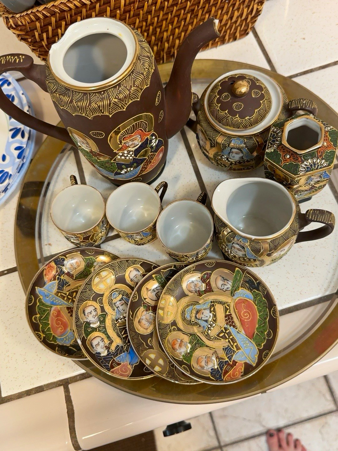 Japanese Satsuma-style/Moriage “Immortals” tea or coffee set 11 pieces.