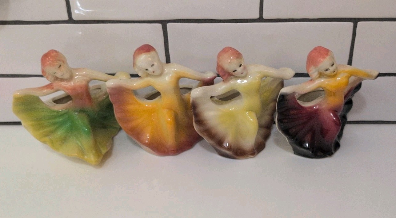 Set Of 4 Ceramic Green, Brown, Yellow Deco Lady Gown Small Planter Vintage MCM