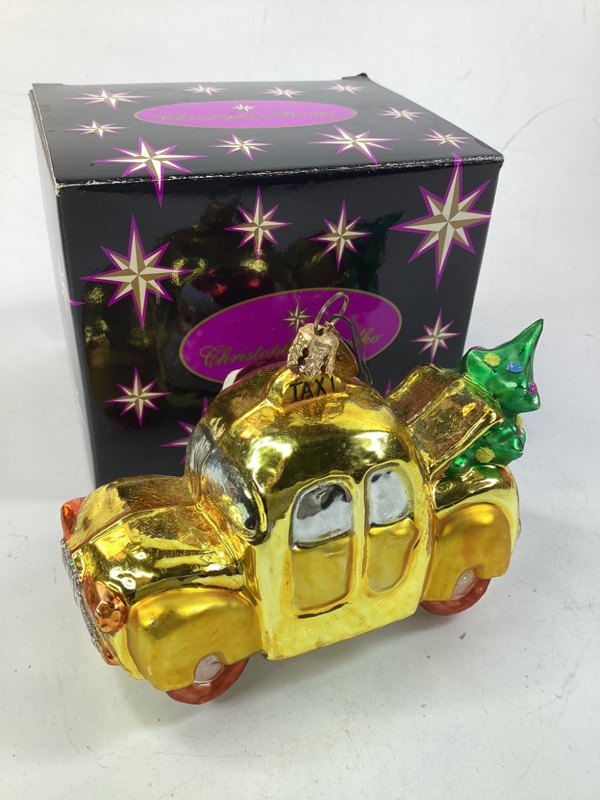 Vtg Radko Little Tree Taxi Glass Yellow Christmas Tree Ornament Christopher (G1) Vtg Radko Little Tree Taxi Glass Yellow Christmas Tree Ornament Christopher (G1)
