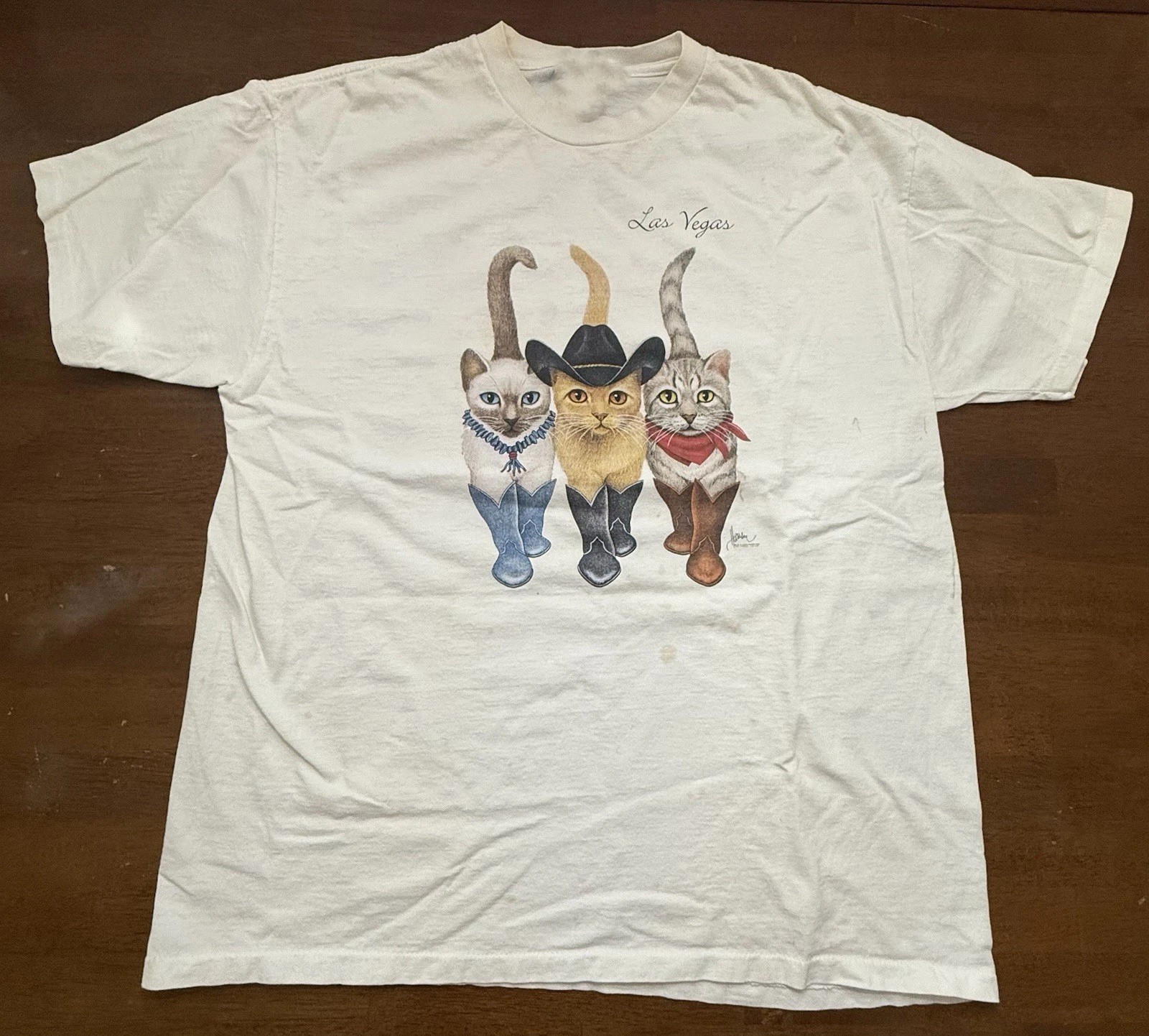 Vintage Cat Cowboys White Funny Graphic T-shirt 90s Nature Cat Tee