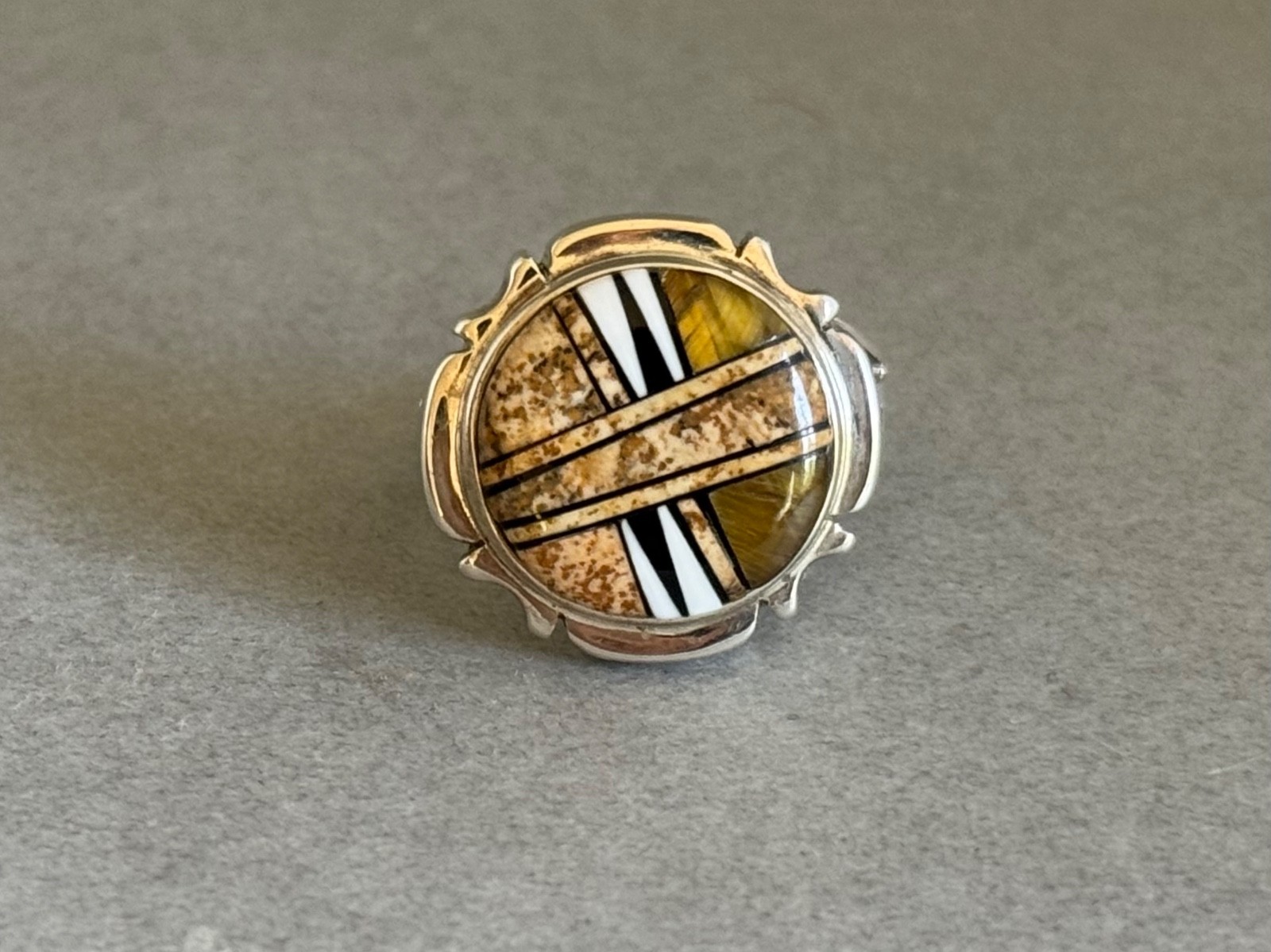 Unused Navajo Sterling Silver Inlaid Stones and Shell Ring Marty Yazzie Size 8
