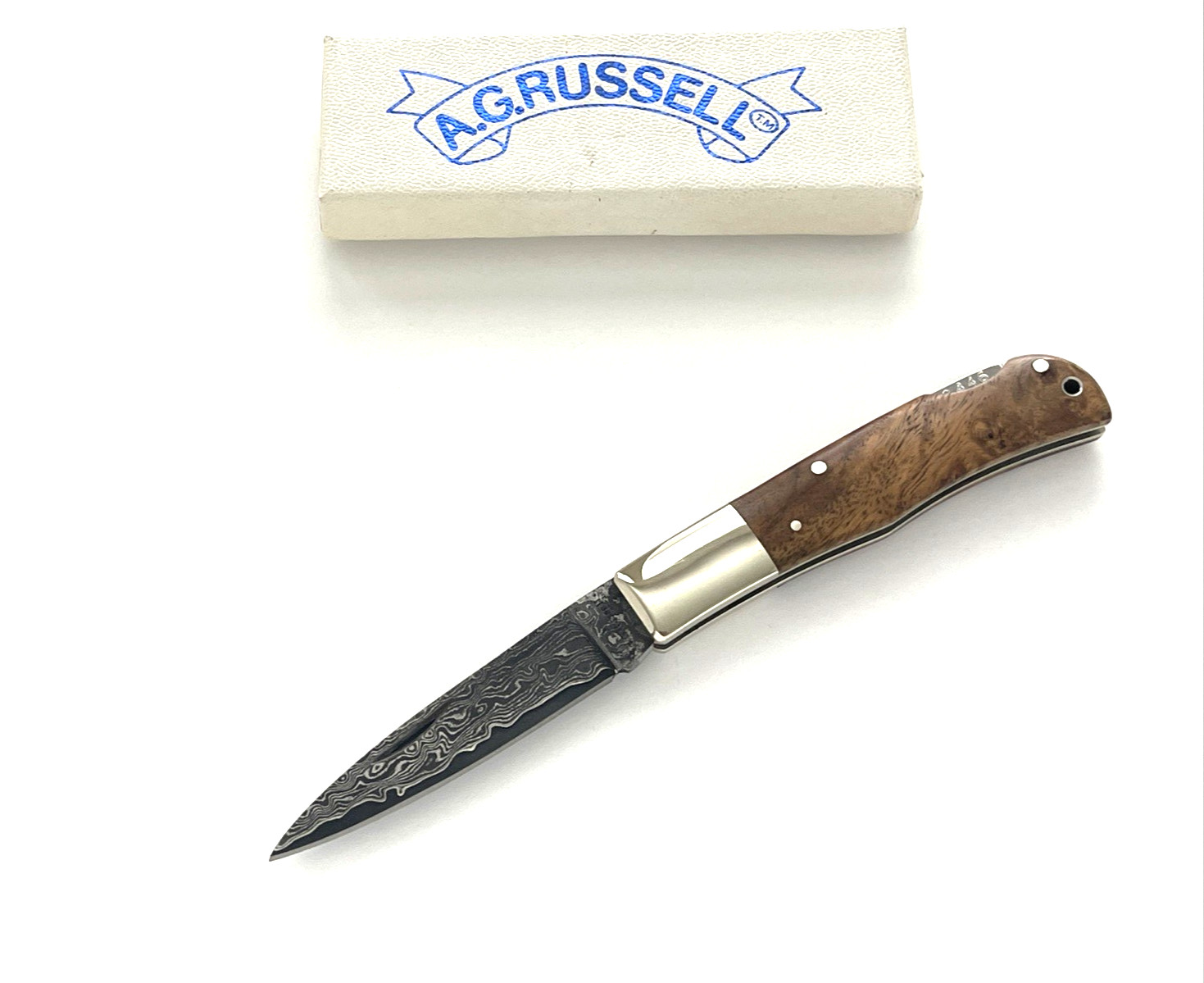 A.G. Russell A340-DA Folding Knife Damascus Burl Wood Handle Japan
