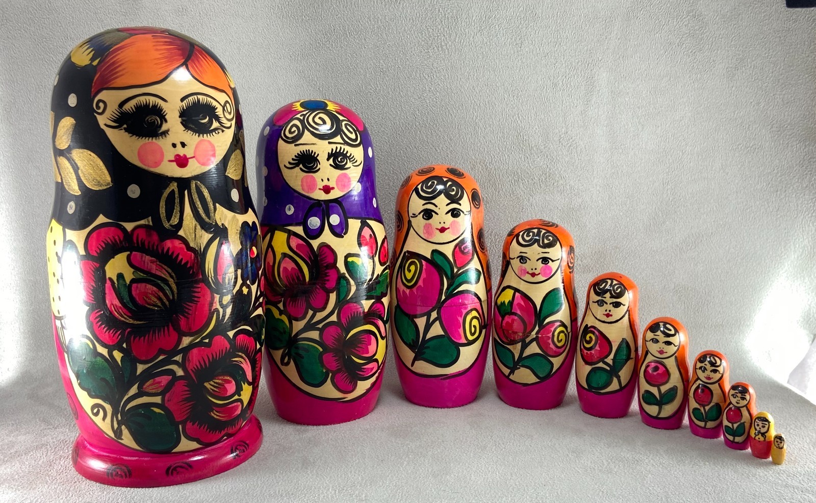 Vintage Ukrainian Matryoshka Nesting Dolls Set of 10 Hand Painted Wooden 8