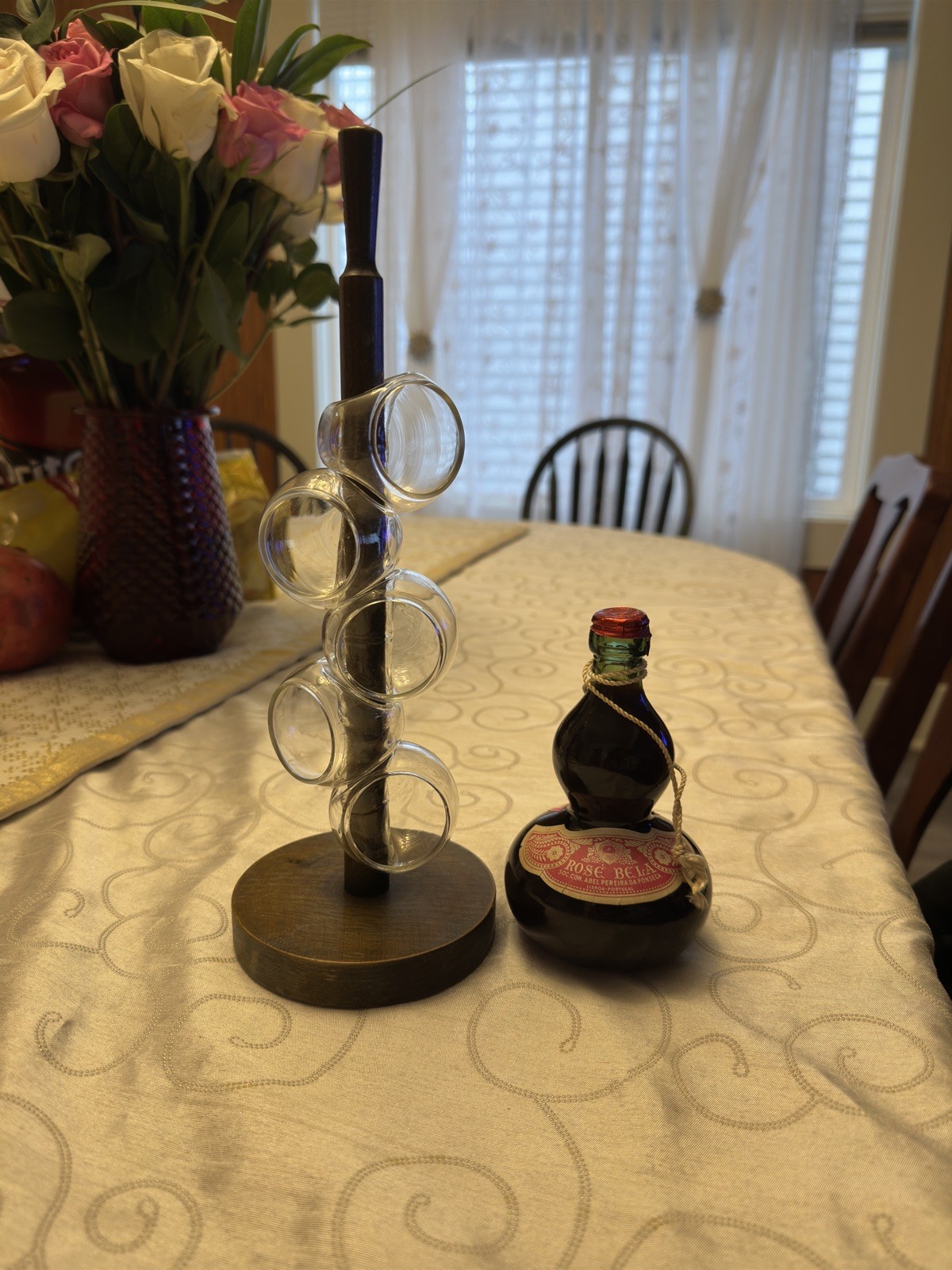 Rose Bela wine W/ Mid-Century Italian Blown Drinking Glasses & Holder VTG/RARE
