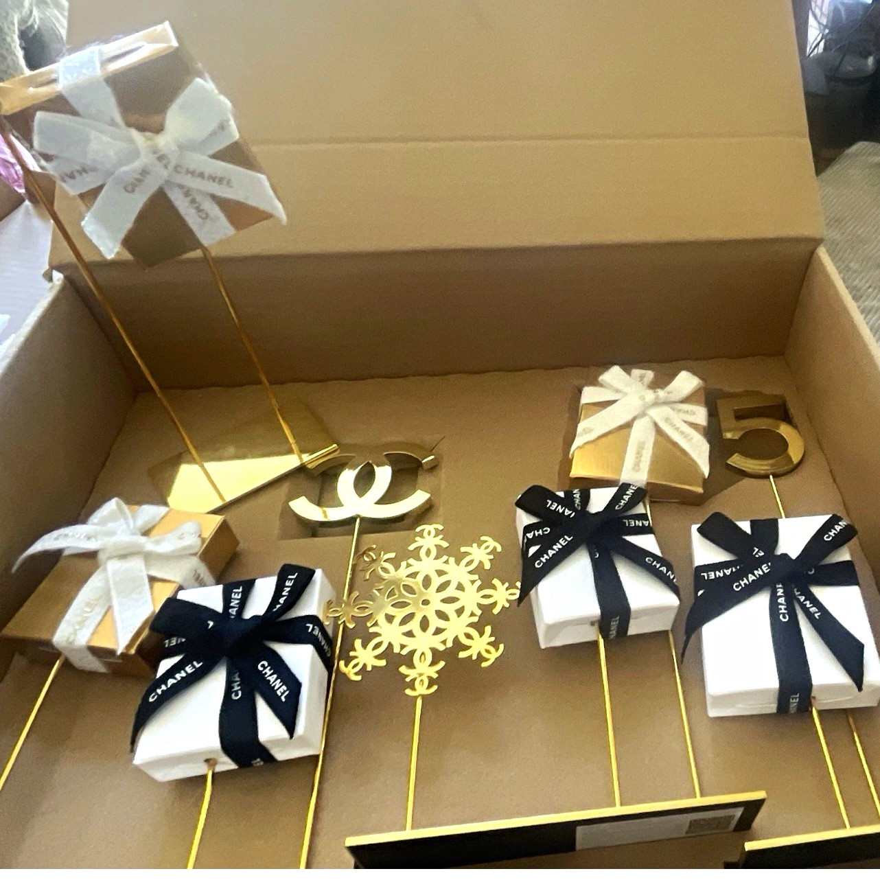 CHANEL Gold-Tone Holiday Gift Box Novelty Decorative Display, perfume display