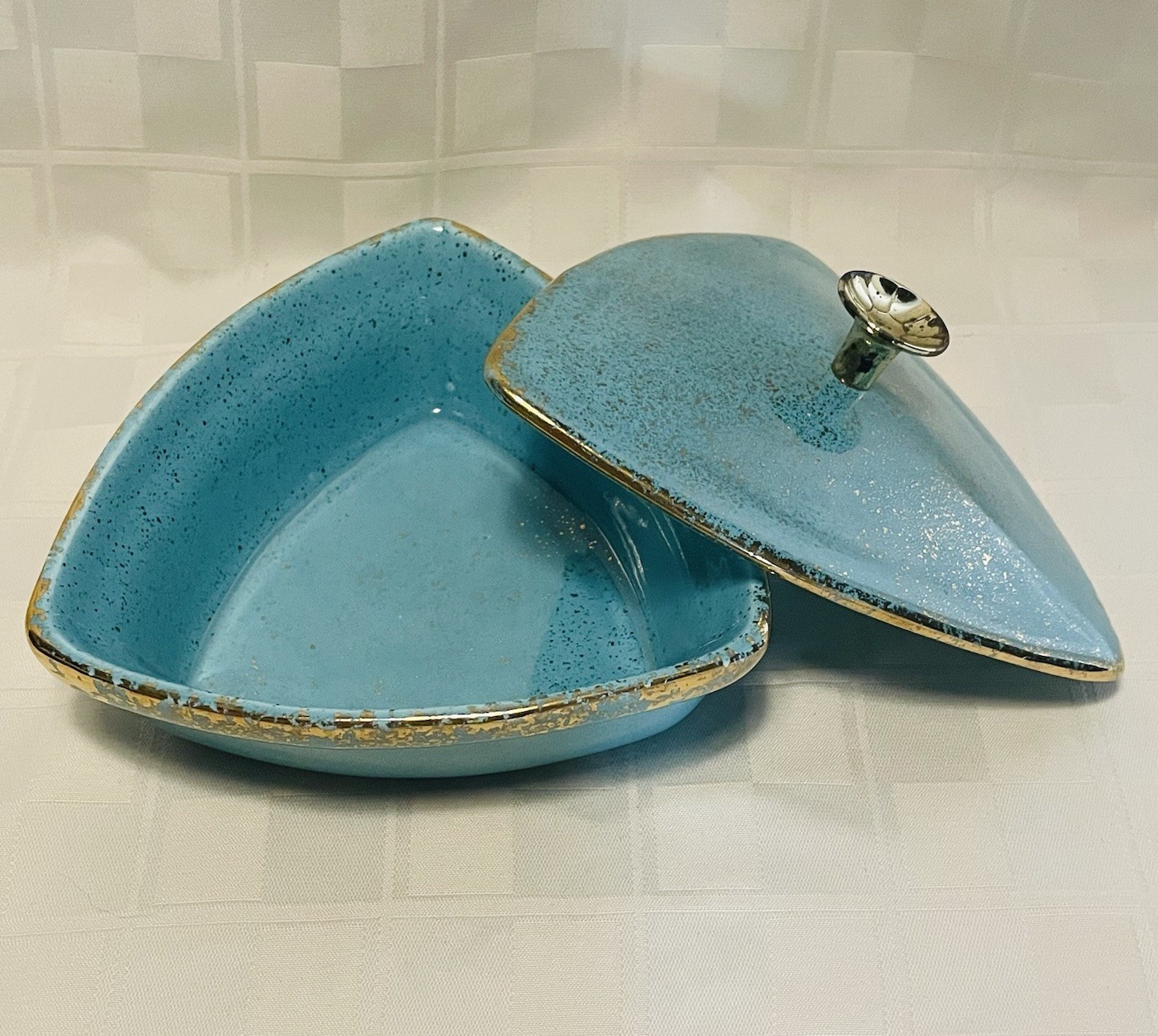 Vintage MCM USA California Pottery Aqua Turquoise Blue Gold Speckled Lidded Dish