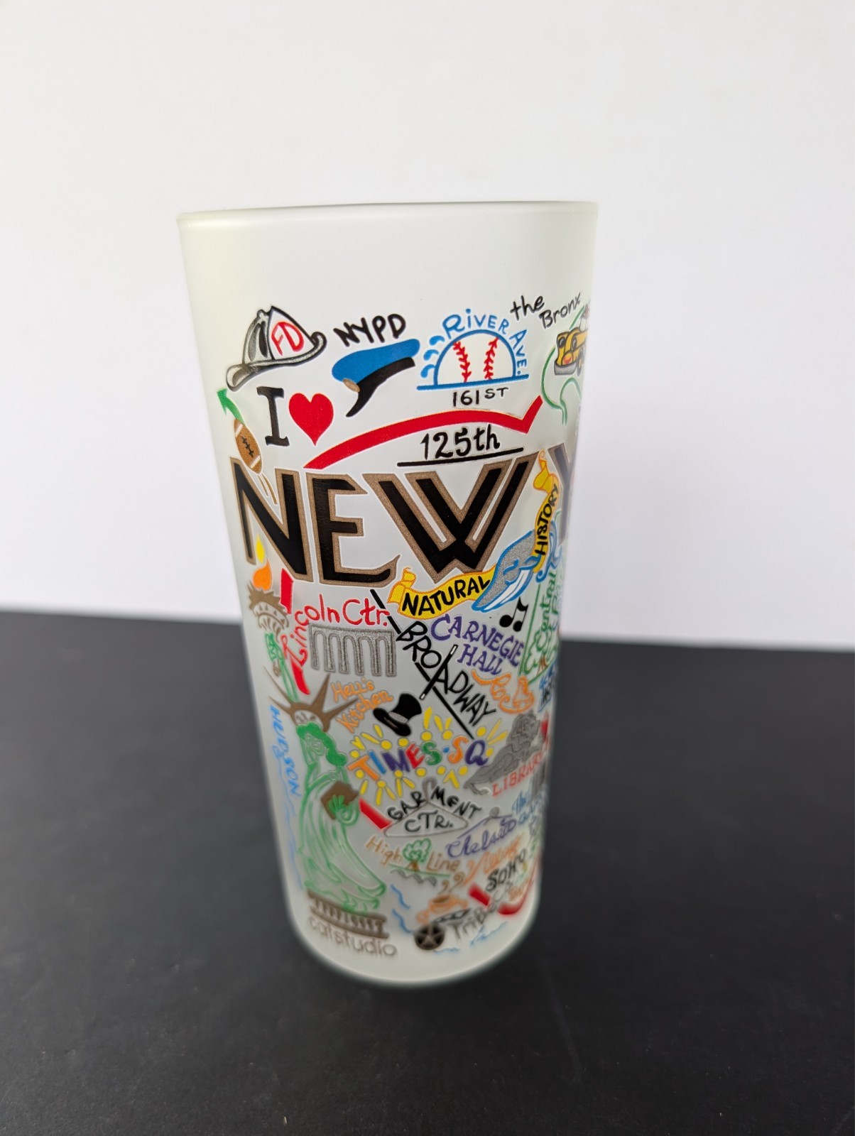 Catstudio New York Frosted Drinking Glass 2004 State Map Landmarks 14oz Cup VGC