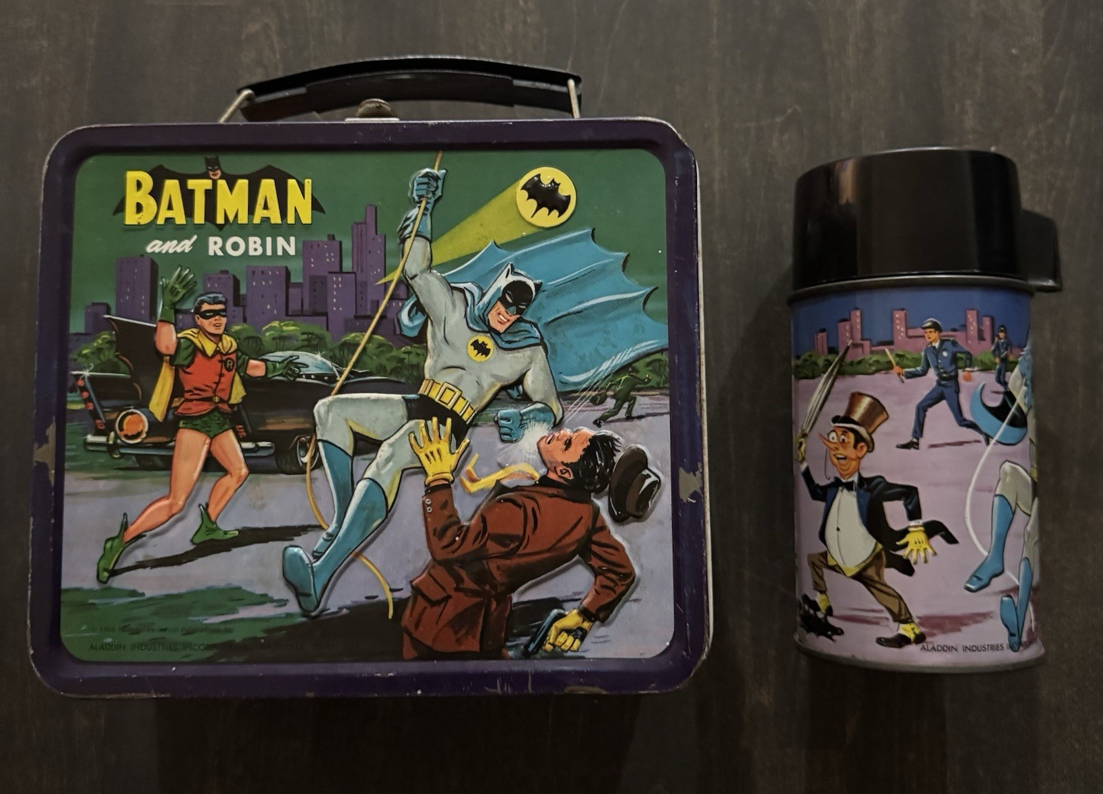 🔥 Aladdin Batman and Robin Metal Lunchbox and Thermos Complete Set 1966 Classic 🔥 Aladdin Batman and Robin Metal Lunchbox and Thermos Complete Set 1966 Classic