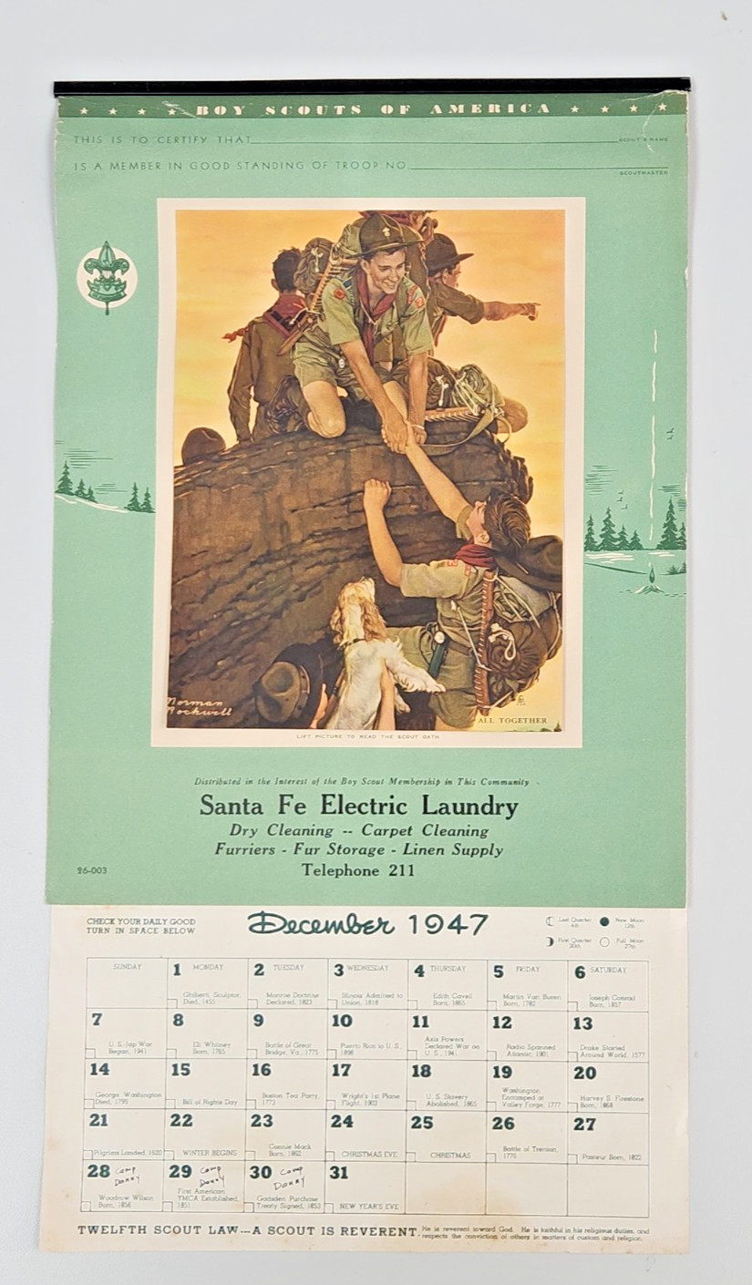 1947 VINTAGE BOY SCOUTS CALENDAR ARTIST NORMAN ROCKWELL Pages removed, Torn