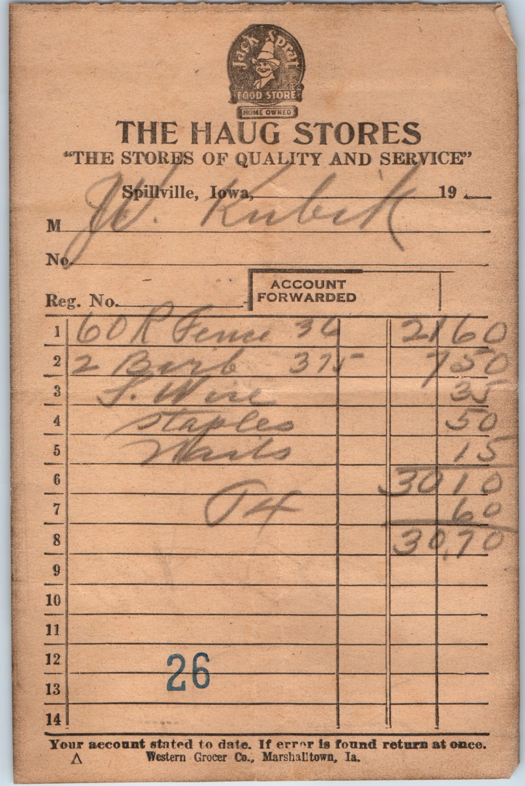 c1930s Spillville Iowa The Haug Stores Receipt Jack Sprat Grocery Marshalltown