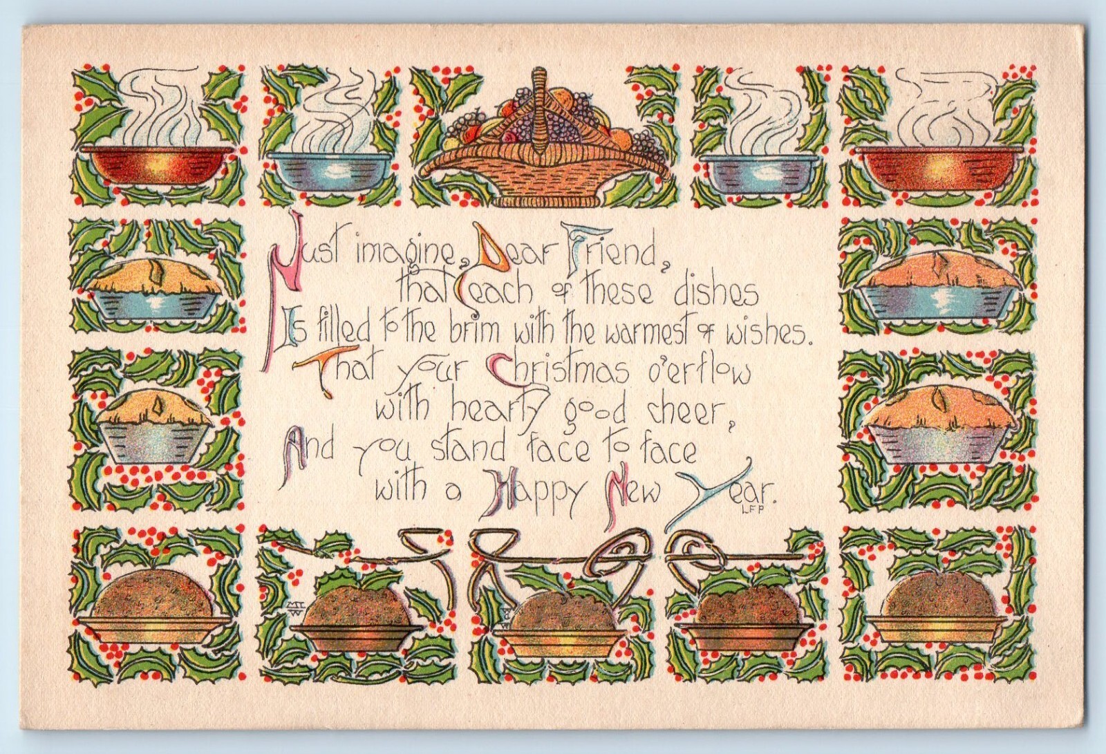 c1910's New Year Message Holly Berries Muffin Pie Unposted Antique Postcard c1910's New Year Message Holly Berries Muffin Pie Unposted Antique Postcard