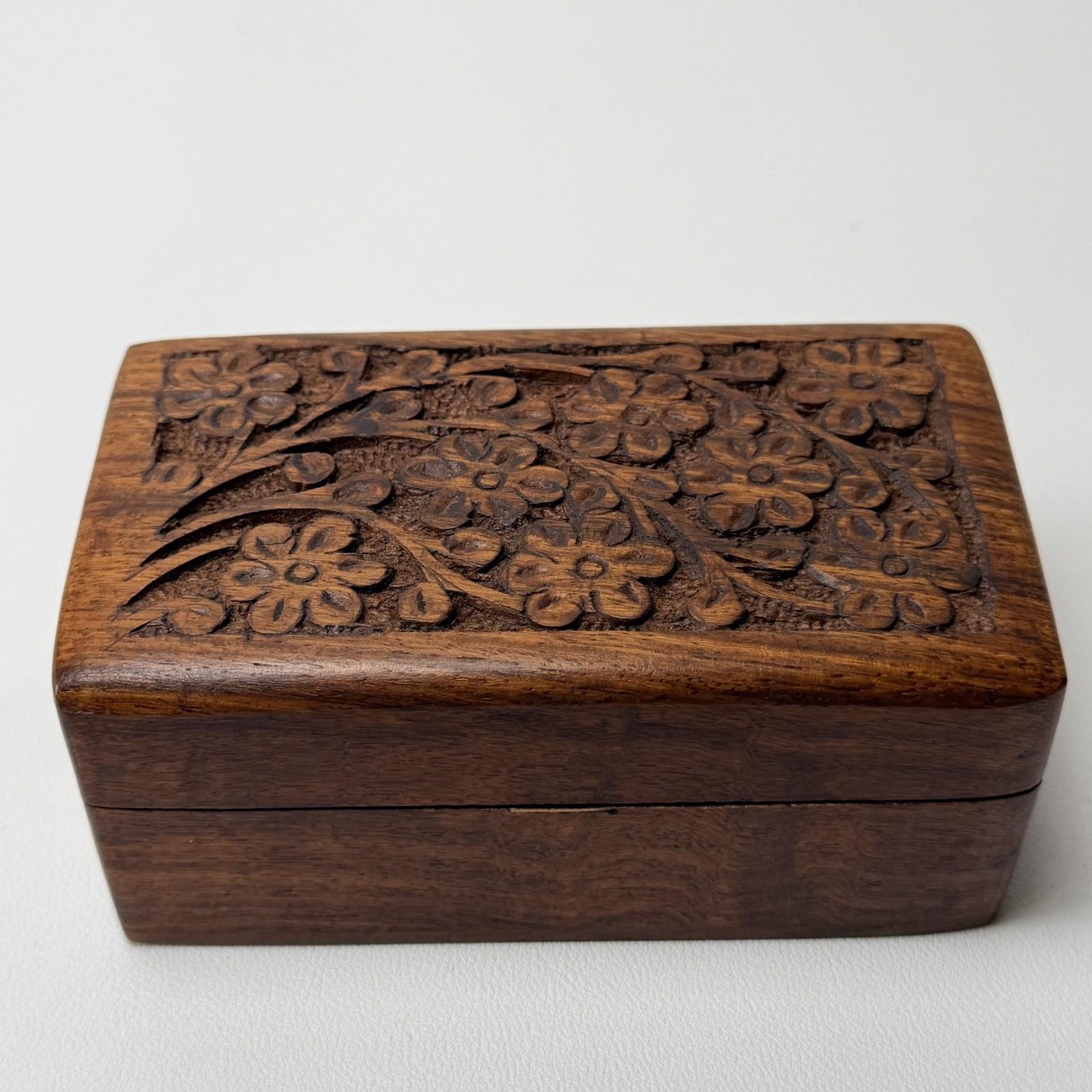 Hand Carved Wood Jewelry Trinket Box Hinged Lid with Flowers Handmade small