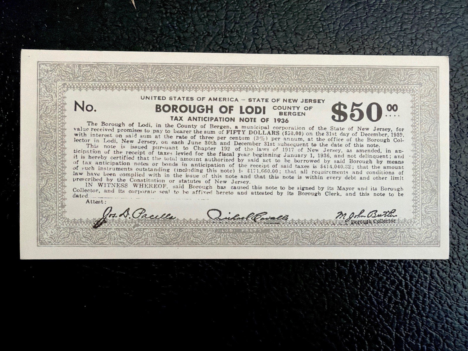 14 Pc Lot Vintage 1936 Borough of Lodi NJ $50 Tax Anticipation Notes Scrip