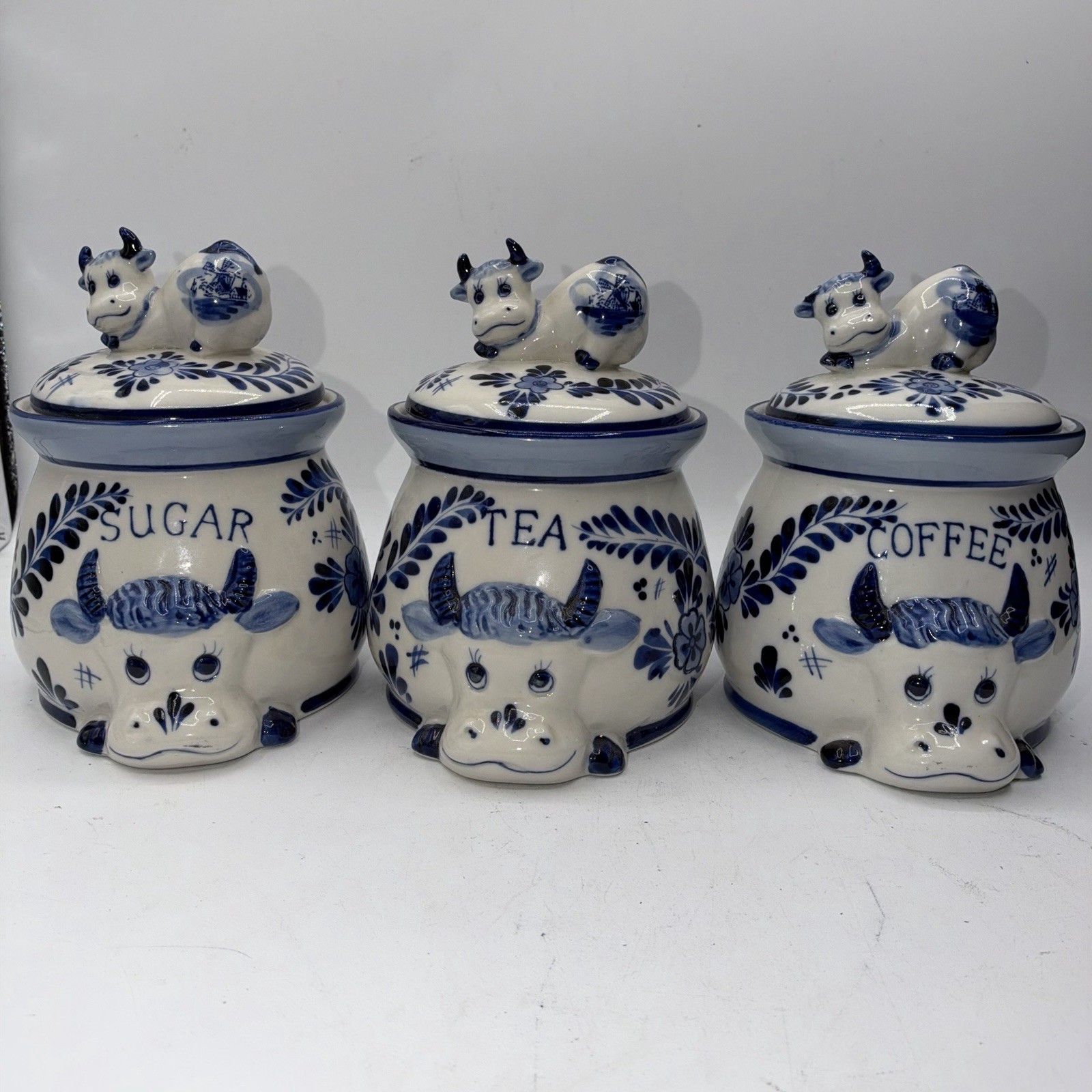 3pcs Set Delft Blue White Kitchen Canister Set Coffee Sugar Tea READ