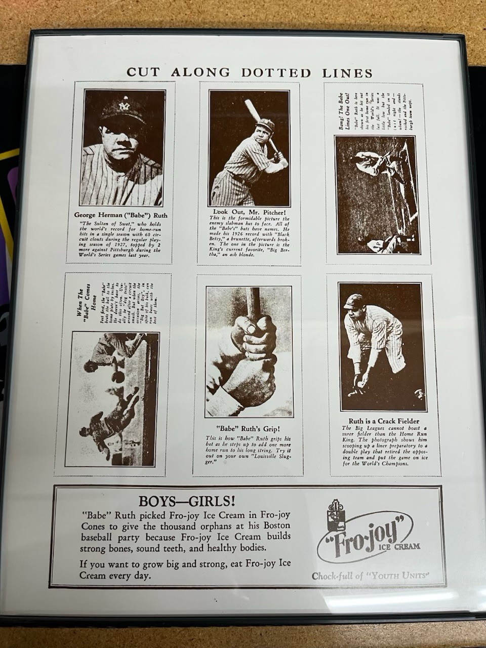VINTAGE BASEBALL BABE RUTH Fro-Joy Ice Cream Uncut  sheet Replica