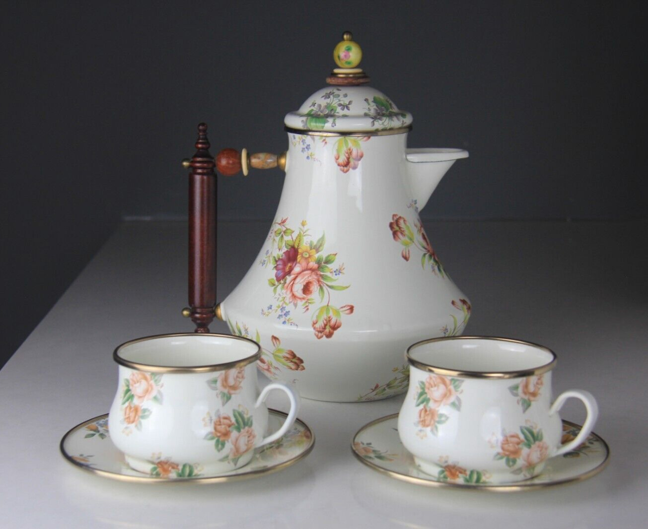 Vintage MacKenzie Childs White Floral Enamelware Teapot, Cups & Saucers Set