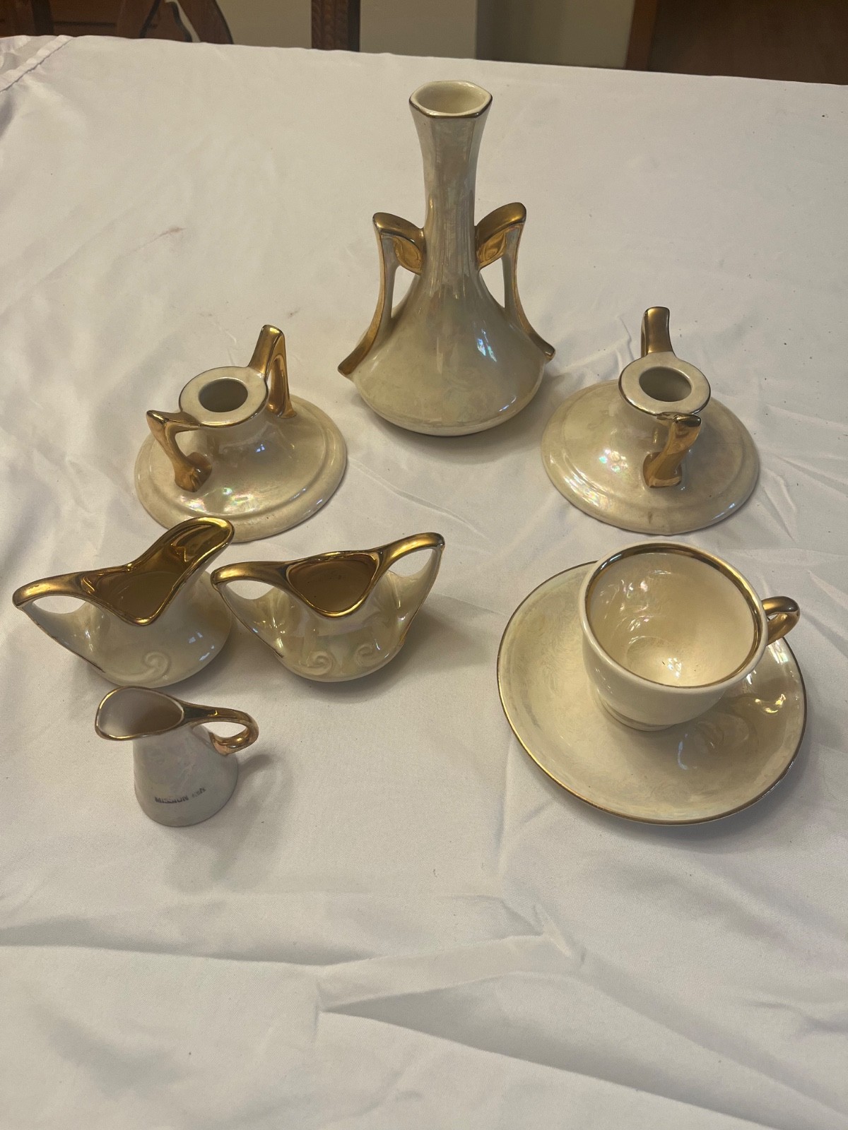 Lot 8- Pearl China Co Vintage Vase 22K Gold Lusterware creamer, sugar, etc