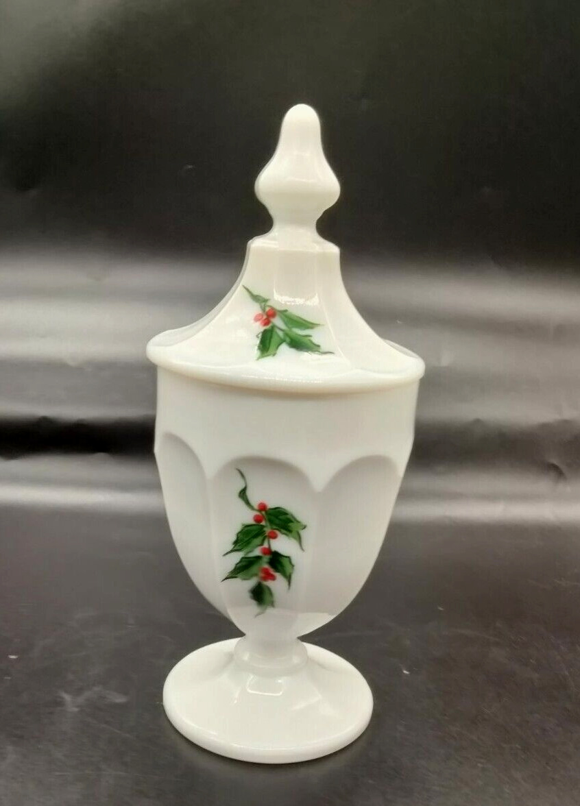 VTG Westmoreland Milk Glass Hand Painted Holly &  Berry Compote Candy Dish