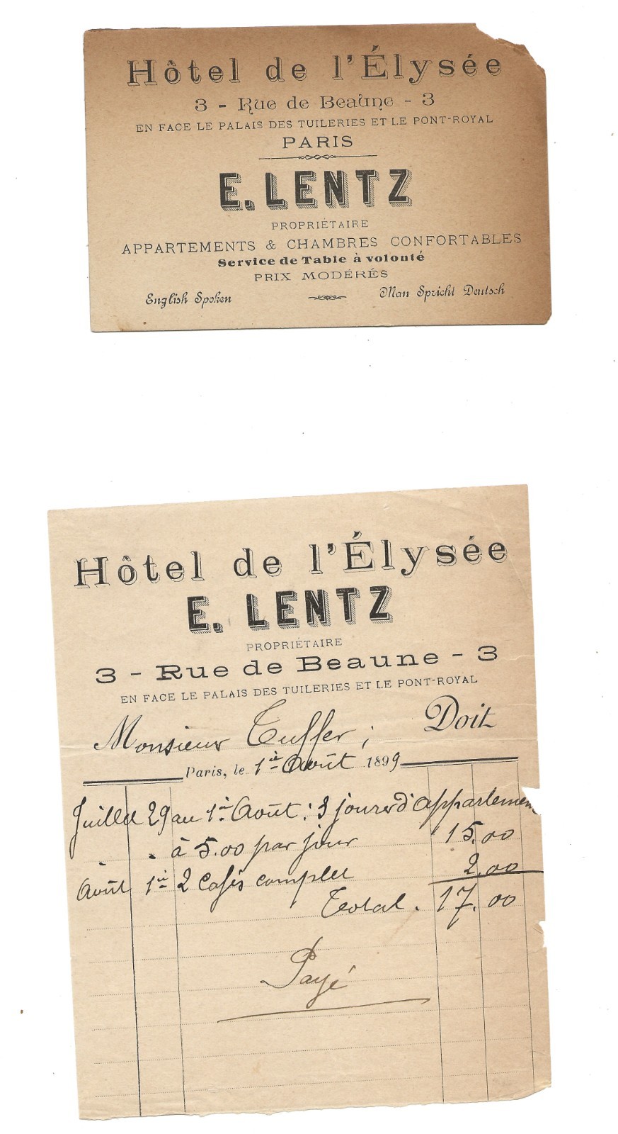 1899 Hôtel de l’Élysée Paris Receipt & Advertising Card Set  - Lentz -Rue Beaune