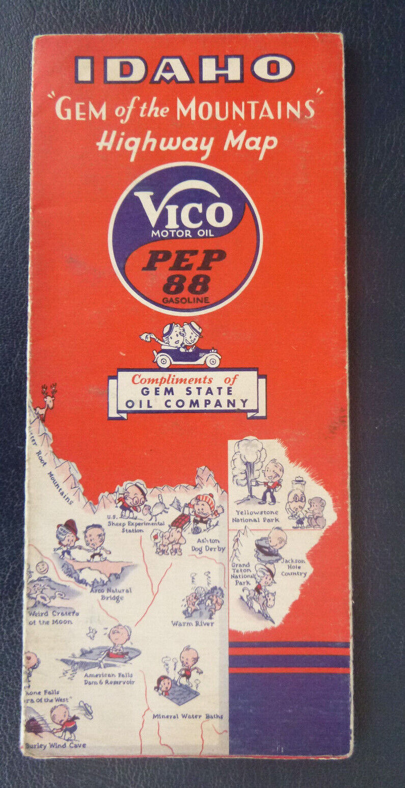 1934 Idaho road map Gem State Oil gas Vico Pep 88 Gem of the Mountains