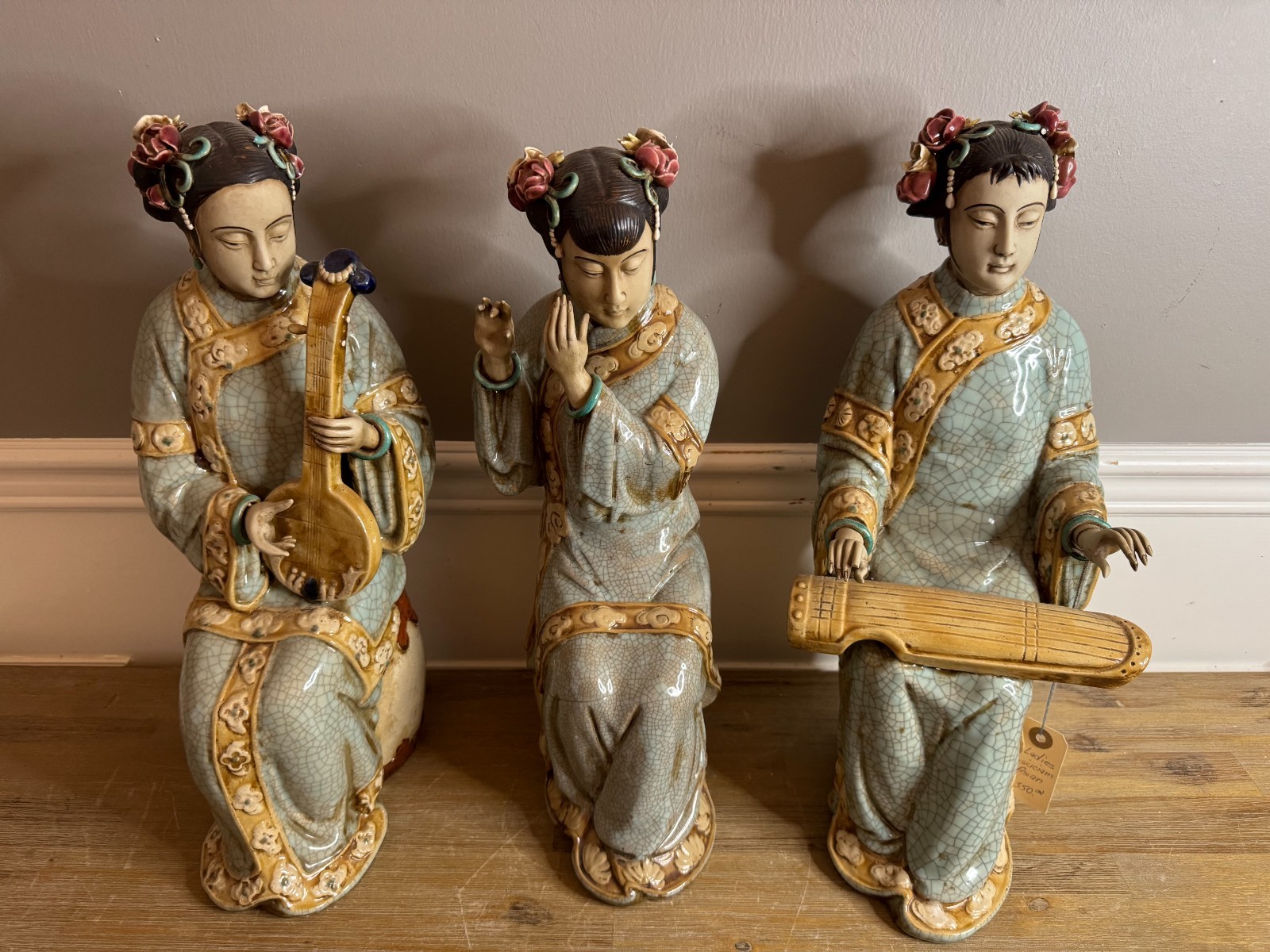 Three Large Chinese Antique Famille Rose Marked Shiwan Ceramic Musicians